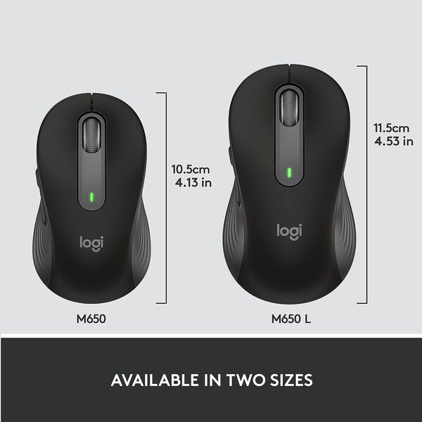 Logitech Signature M650 Mouse: medium and large black mice shown in a size comparison.