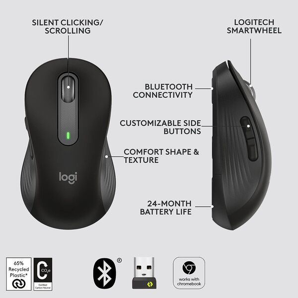 Logitech Signature M650 Mouse: black mouse top and side views with feature callouts.