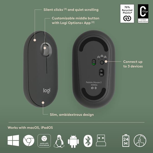 Logitech Pebble 2 Combo, Wireless Keyboard and Mouse, Quiet and Portable, Customizable, Logi Bolt, Bluetooth, Easy-Switch for Windows, macOS, iPadOS, Chrome - Black - DokanTech #