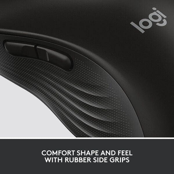 Logitech Signature M650 Mouse: close-up of the black mouse side buttons and grip.