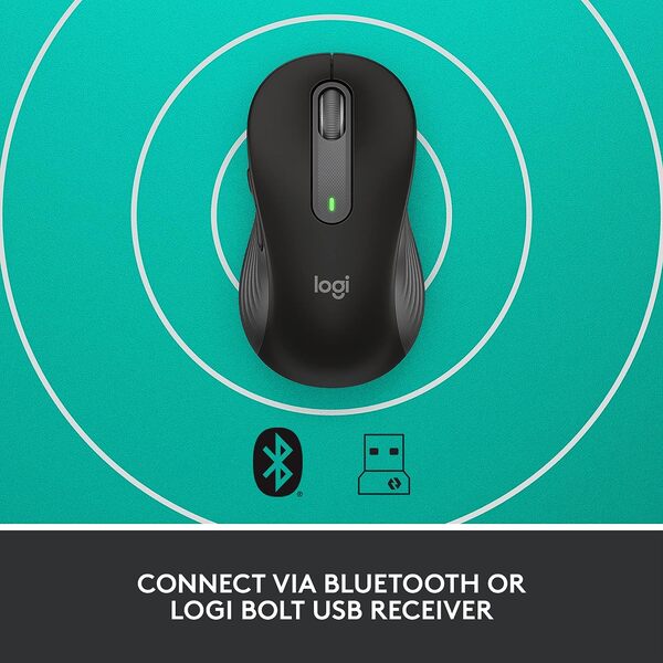 Logitech Signature M650 Mouse: black mouse viewed from above with wireless connection icons.