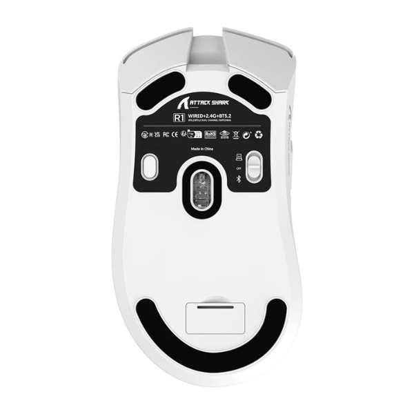 ATTACKSHARKR1Tri-ModeWirelessGamingMouse_PAW3311SuperlightWhiteUnderView-DokkanTech