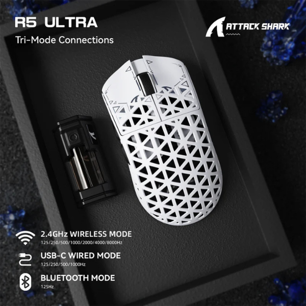 ATTACKSHARKR5ULTRACarbonFiberTri-ModeGamingMouse_PAW3950MAX8KSuperlightWhiteConnection-DokkanTech