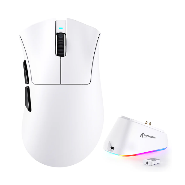 ATTACKSHARKV3PROUltra-LightTri-ModeGamingMousewithRGBMagneticChargingDockWhiteMain-DokkanTech