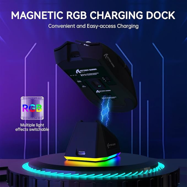 ATTACKSHARKX11WirelessGamingMousewithChargingDockBlackMagneticCharger-DokkanTech