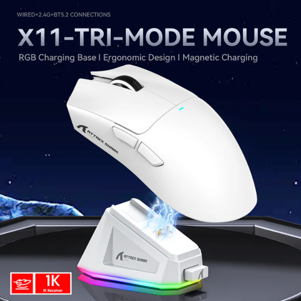 ATTACKSHARKX11WirelessGamingMousewithChargingDockWhite-DokkanTech