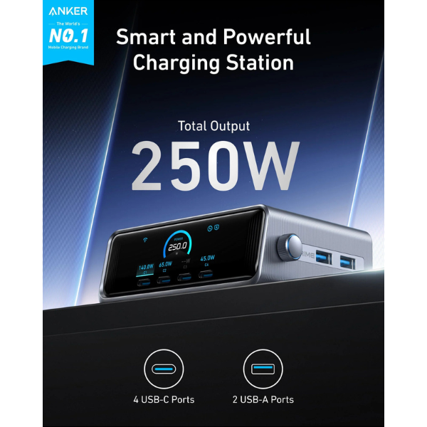 Anker Prime 250W GaN Charger – 6-Port Fast Charging Station (4 USB-C + 2 USB-A)-dokantech