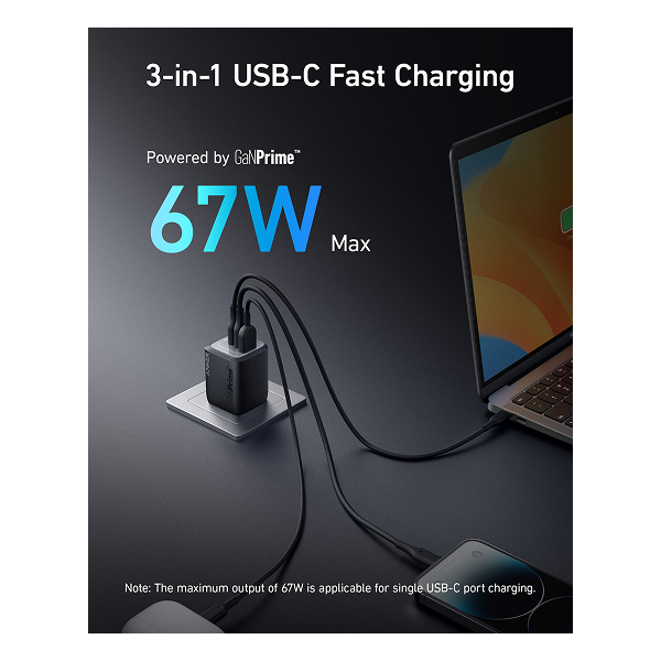 شاحن Anker Prime جداري بقدرة 67 واط بتقنية GaN مع 3 منافذ – موديل A2669