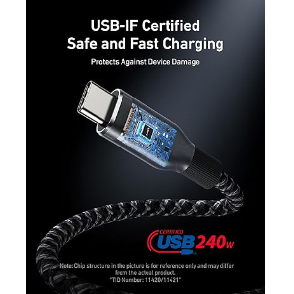 Anker Prime USB-C to USB-C 240W Cable – Durable Upcycled-Braided 3ft Black-dokantech