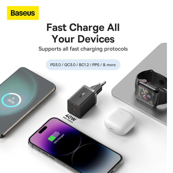 Baseus GaN5 Pro 40W Dual Type-C Fast Charger EU – Black (CCGP180101)-dokantech#