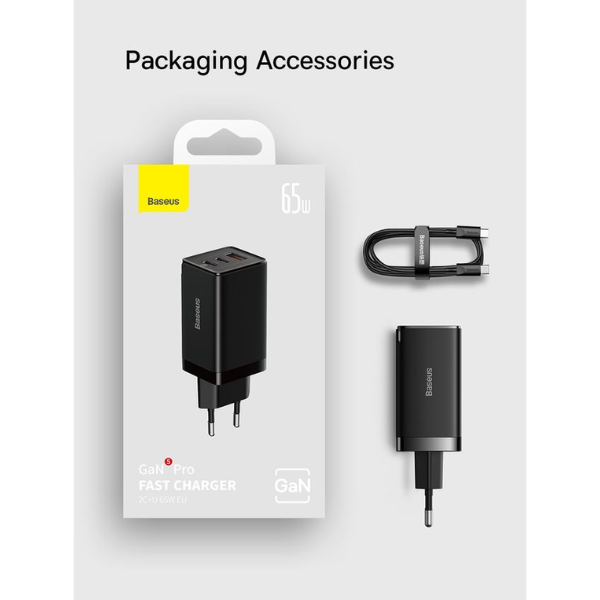 Baseus GaN5 Pro 65W Fast Charger with 2 USB-C & 1 USB Port – Black-CCGP120201-dokantech#