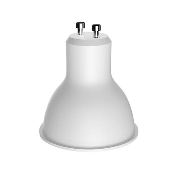 A white GU10 LED spotlight bulb base with two metal contact pins on top, shown against a solid white background.