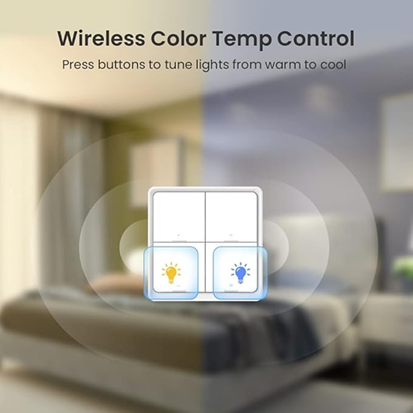 Wireless color temperature control device with a blurred background of a living room.