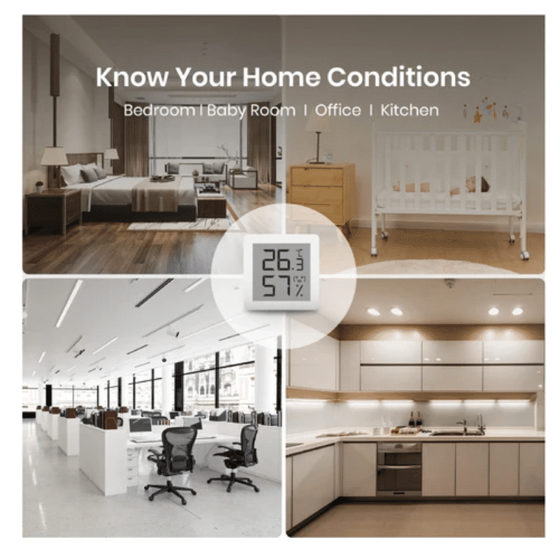 A promotional collage for a smart home environment monitor, showing a digital temperature and humidity display overlaid on bedroom, office, nursery, and kitchen scenes. The text at the top reads 'Know Your Home Conditions' with room types listed below.