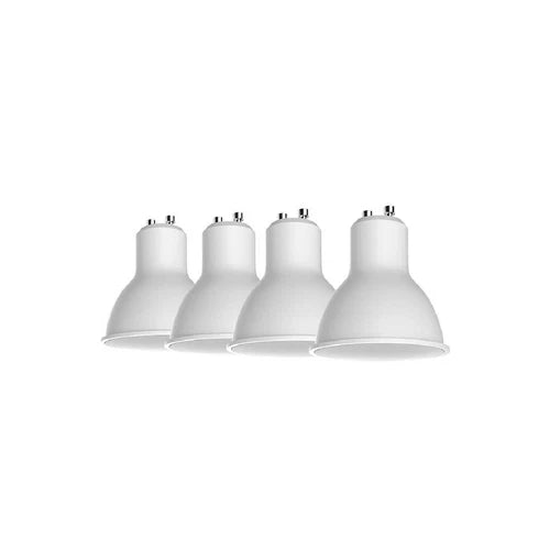 Four white dome-shaped GU10 LED light bulbs arranged in a row against a solid white background.