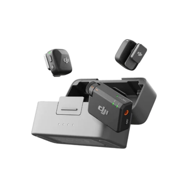DJI Mic Mini dual wireless mic system with charging case – front view black