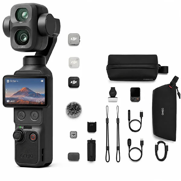 DJI Osmo handheld gimbal camera shown with multiple included accessories on a clean white background, including a microphone windscreen, straps, cables, batteries, a wristwatch, and two black pouches.