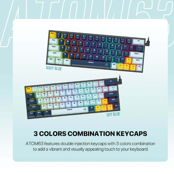 Fantech Atom 63 MK874 V2 Mechanical Keyboard – Blue Switch, Mizu Sky Blue-dokkantech