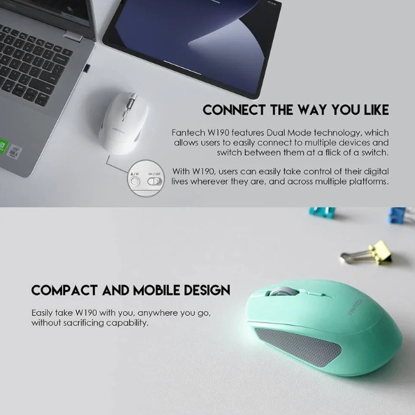 Fantech W190 Dual Mode Wireless Mouse – Silent Click, Bluetooth & 2.4GHz – Black-dokantech