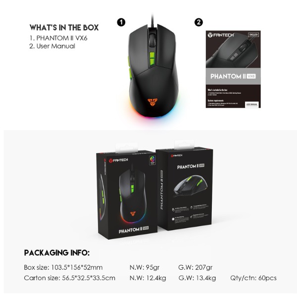 -Fantech VX6 Phantom II Wired Gaming Mouse – RGB, 7200 DPI – Black Dokkantech