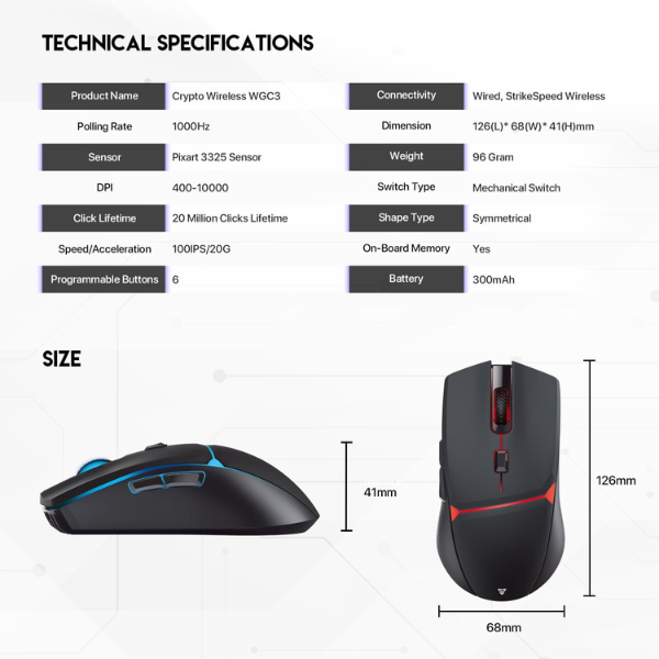 Fantech WGC3 Crypto Wireless Gaming Mouse - Black - Dokkantech