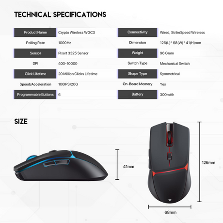 Fantech WGC3 Crypto Wireless Gaming Mouse - Black - Dokkantech