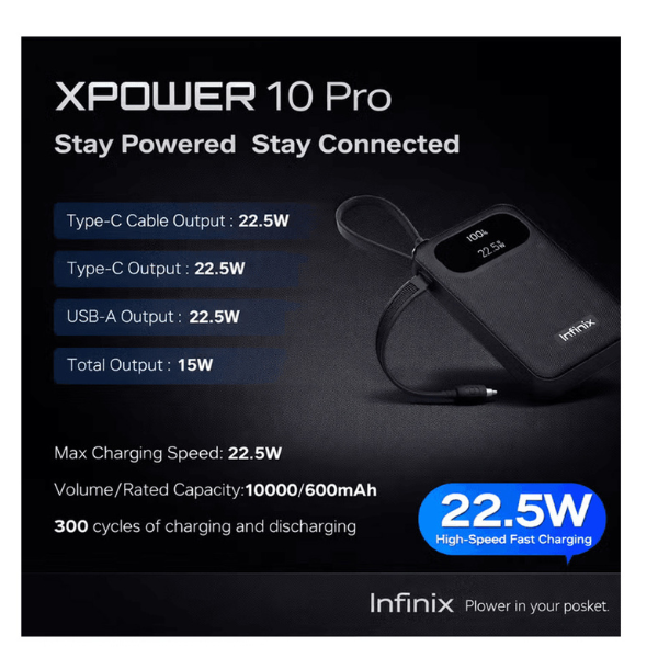 InfinixXPower10Pro10000mAhPowerBankwithBuilt-inCable22.5W-Features 1 -DokkanTech
