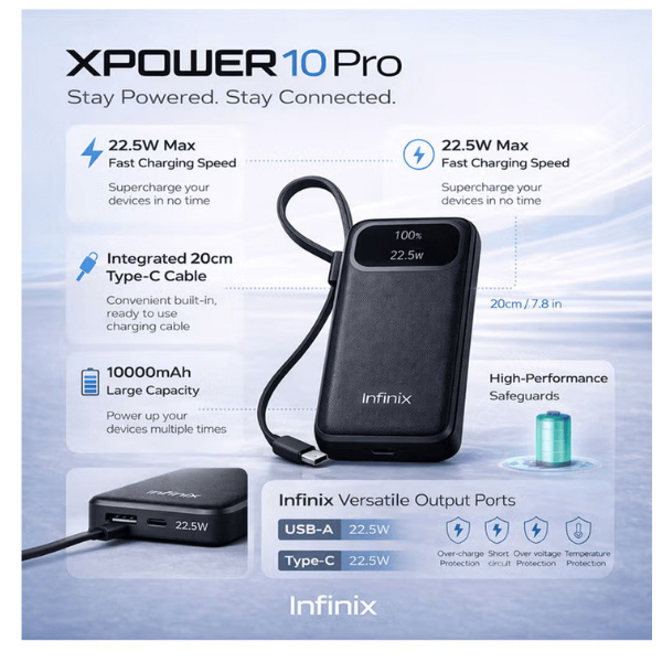InfinixXPower10Pro10000mAhPowerBankwithBuilt-inCable22.5W-Features -DokkanTech
