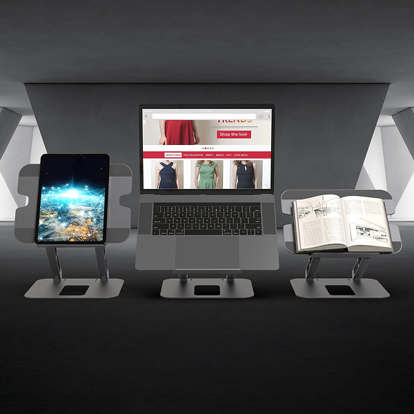 j5create JTS127 Multi-Angle Laptop Stand Designed to fit mostl aptops up to 16 inches - DokkanTech Multi-device stand holding a laptop, tablet, and book with digital content displayed on screens.