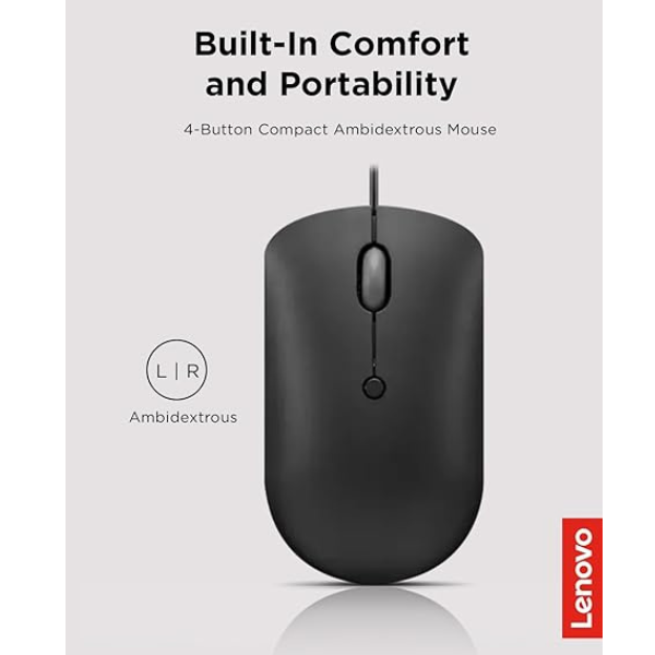 Lenovo 400 USB-C Wired Compact Mouse – 2400 DPI, 4-Button – Black-dokantech