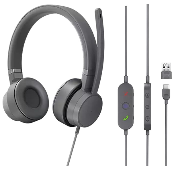 Lenovo Go wired ANC headset active noise cancellation – front view storm grey