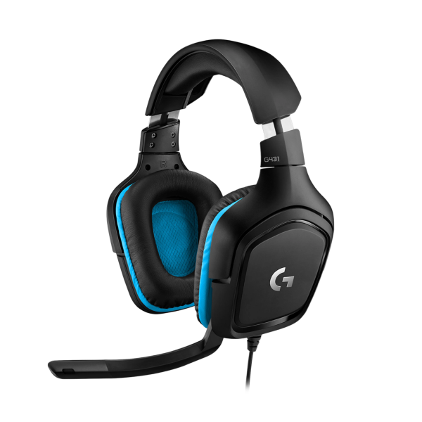 Logitech gaming headset in black with bright blue accents on the ear cushions and headband padding, featuring a flexible boom microphone, shown on a solid white background.