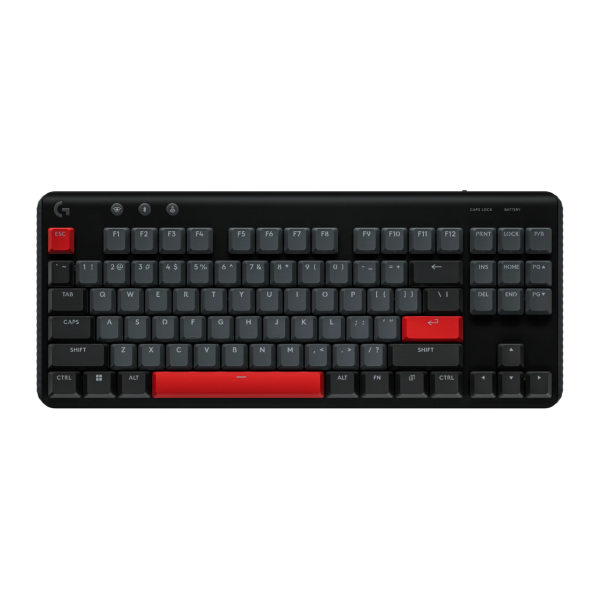 Logitech G517 Lightspeed TKL Wireless
A black mechanical keyboard with red accent keys, including a red Enter key, a red Backspace key, and a red full-size bar, shown on a plain white background.