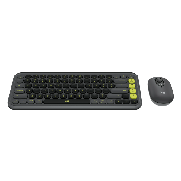Logitech POP Icon Wireless Keyboard ENOnly and Mouse Combo
Logitech wireless keyboard and mouse set in black with bright yellow accent keys, shown on a plain white background.