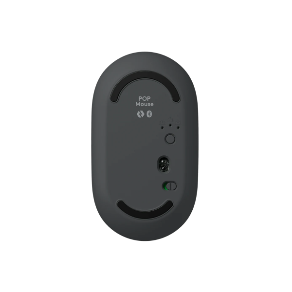 Logitech POP Icon Wireless Keyboard ENOnly and Mouse Combo
The underside of a dark gray wireless mouse, showing the base design with the brand name 'POP Mouse' printed near the top, on a solid white background.