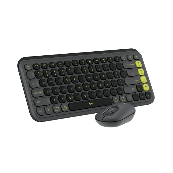 Logitech POP Icon Wireless Keyboard ENOnly and Mouse Combo
Logitech wireless keyboard and mouse set in black with lime green accent keys, shown on a plain white background.