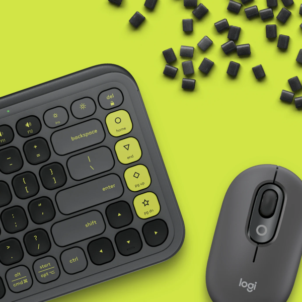 Logitech POP Icon Wireless Keyboard ENOnly and Mouse Combo
Logitech wireless keyboard and mouse set on a bright yellow-green background with scattered black rectangular pieces. The keyboard has black and pale yellow keys, and the mouse is dark gray with the Logitech logo visible.