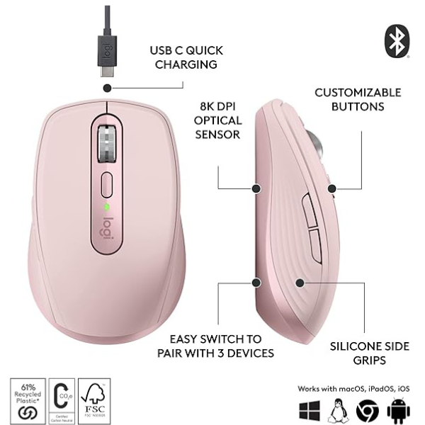 Logitech MX Anywhere 3S Mouse: 8K DPI, Multi-Device, Quiet Clicks.