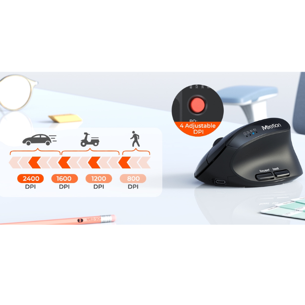 Meetion BTM008 Wireless & Bluetooth Ergonomic Mouse with Rechargeable Battery - Dokkantech