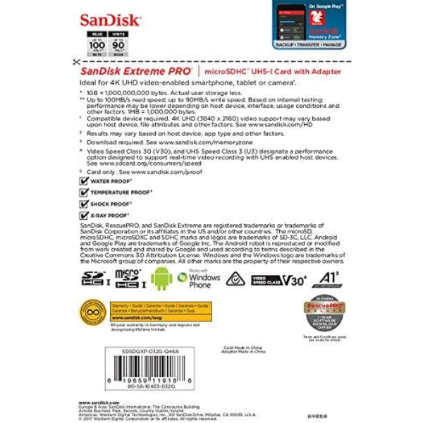 SanDisk Extreme PRO microSDHC 32GB PRO Deluxe 100MB/s A1 C10 V30 UHS-I U3 - DokanTech #