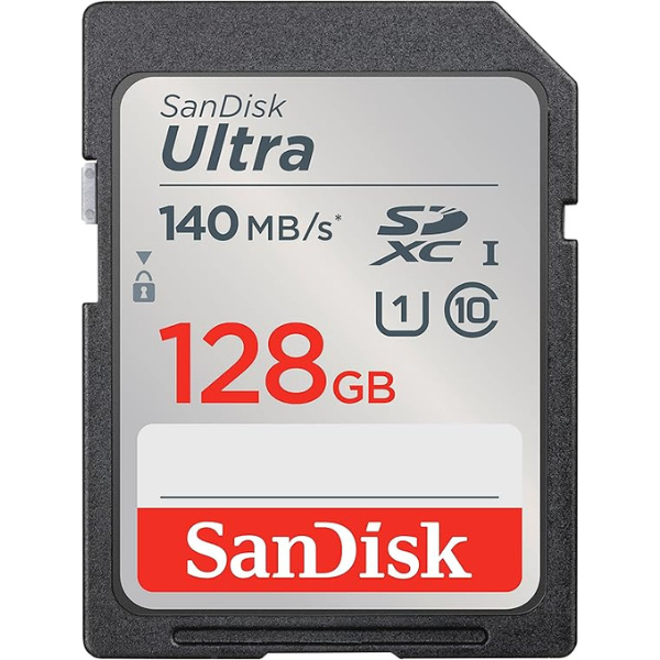 بطاقة SD من SanDisk Ultra UHS I بسعة 128 جيجابايت بسرعة 140 ميجابايت/ثانية