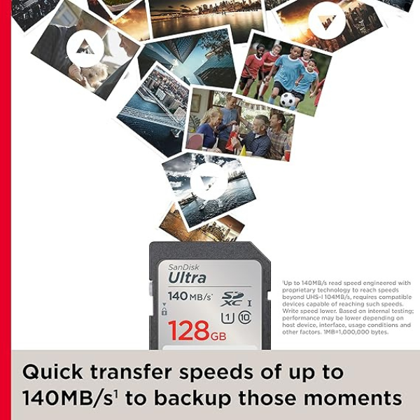 بطاقة SD من SanDisk Ultra UHS I بسعة 128 جيجابايت بسرعة 140 ميجابايت/ثانية