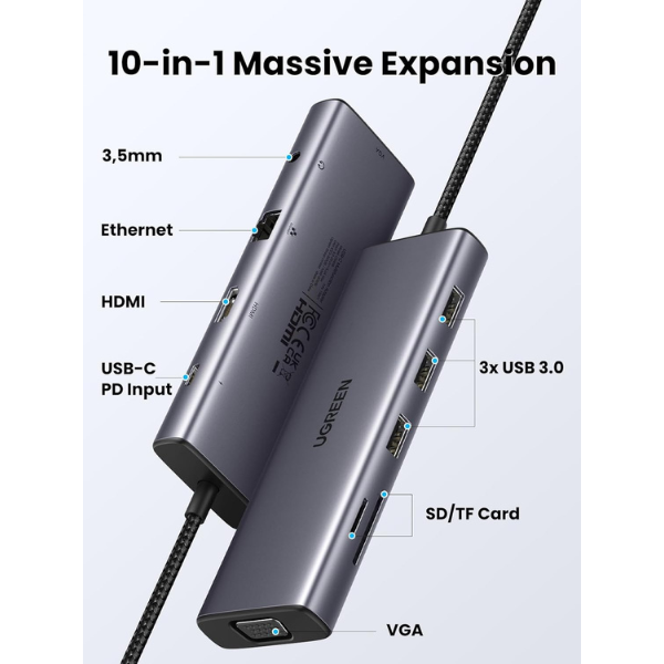 Ugreen10in1USB-CMultifunctionAdapter4k-GraySpecs-DokkanTech