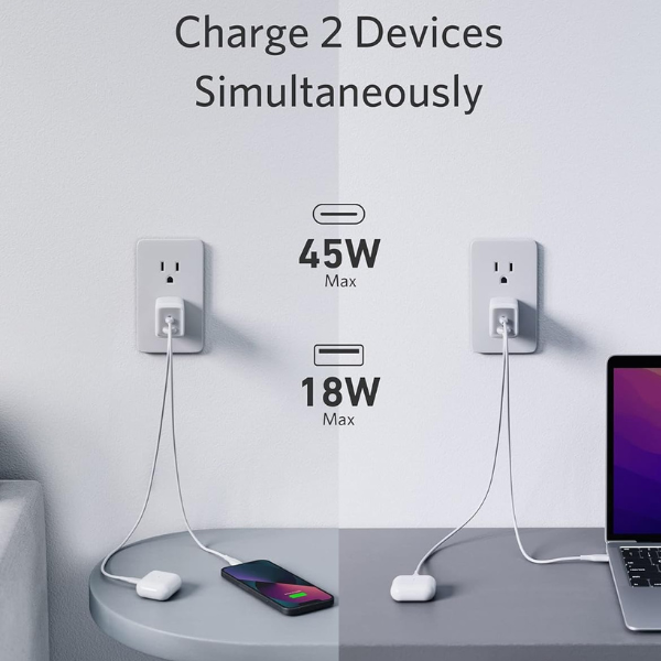 Anker 725 GaN 65W Dual Port Charger – White – USB-C and USB-A ports