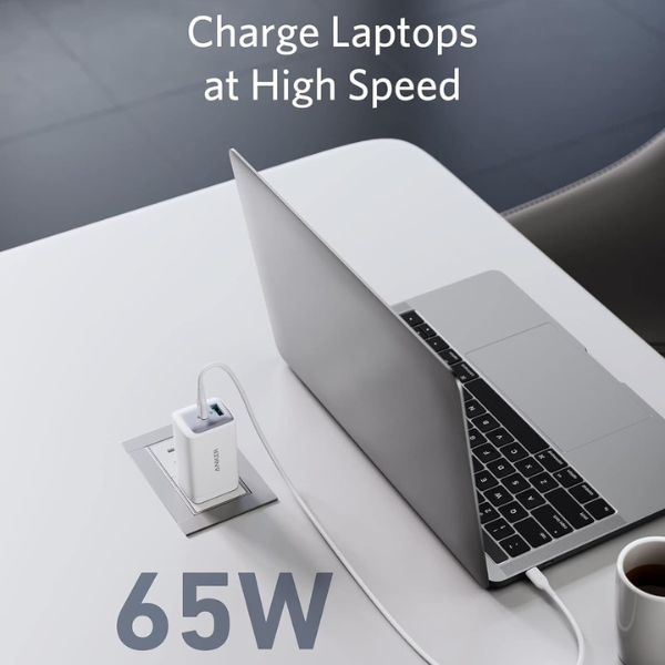 Anker 725 GaN 65W Dual Port Charger – White – charging laptop and phone
