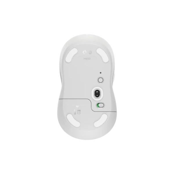 Logitech Signature M650 Mouse: underside of the white mouse.