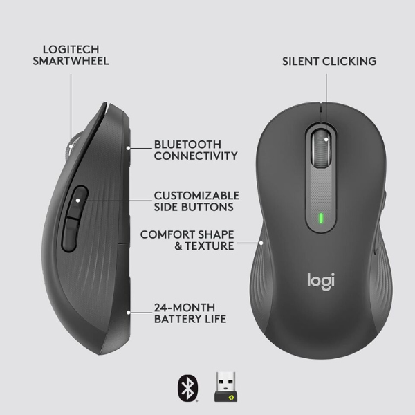 Logitech Signature M650 L Right Full Size Wireless Mouse - For Large Sized Hands, Multi-Device, Silent Clicks, Customizable Side Buttons, Bluetooth, for PC/Mac