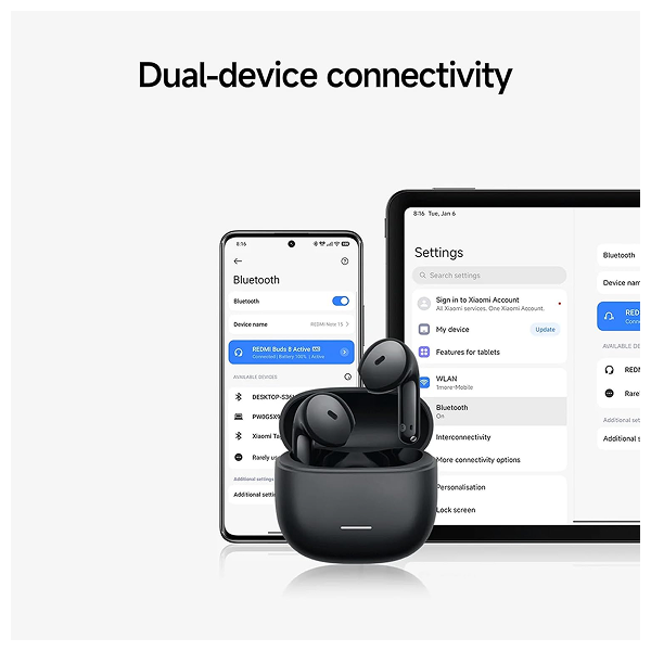Black wireless earbuds in a charging case shown in front of a smartphone and tablet screen on a light gray background, with the headline 'Dual-device connectivity' above.