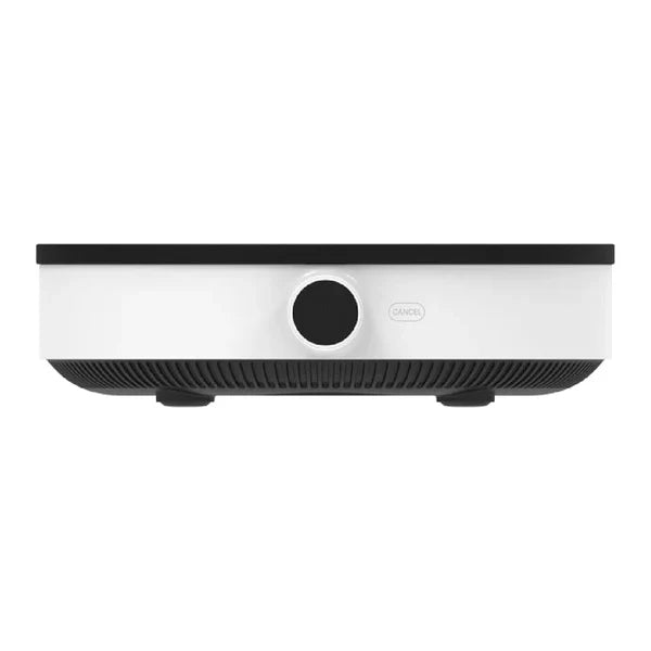 White robot vacuum cleaner with black accents on a white background