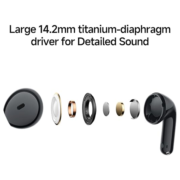 Black wireless earbud shown with an exploded view of its internal driver components, with text at the top reading 'Large 14.2mm titanium-diaphragm driver for Detailed Sound' on a white background.